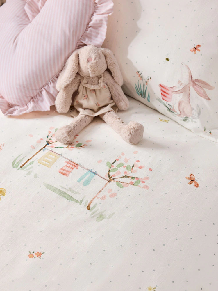Next Uk White Bunny Scene 100% Cotton Textured Printed Duvet Cover and Pillowcase Set