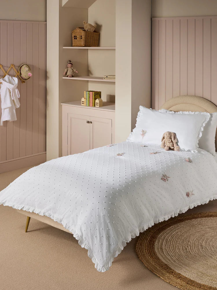 Next Uk White Embroidered Bunny Ballerinas 100% Cotton Duvet Cover and Pillowcase Set