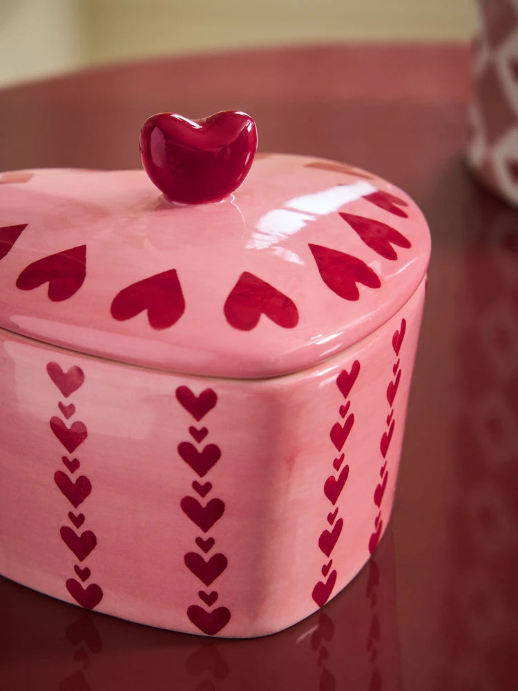 Next Uk Pink Ceramic Heart Trinket Pot (Height 8cm Diameter 9.5cm)