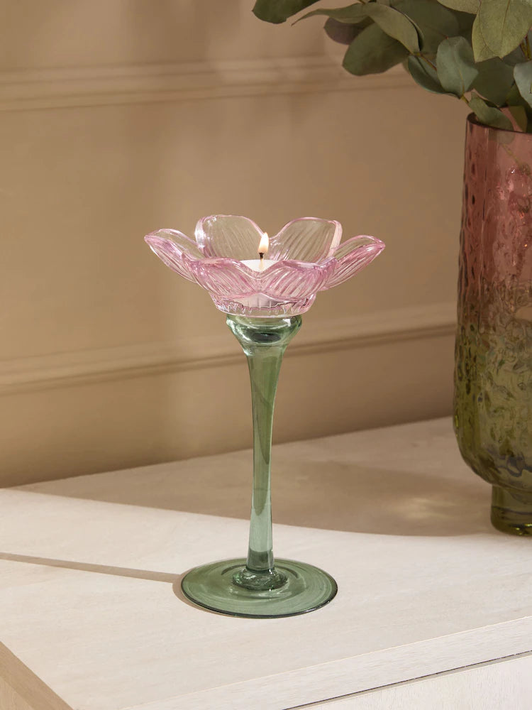 Next Uk Pink/Green Glass Flower Tea Light Holder