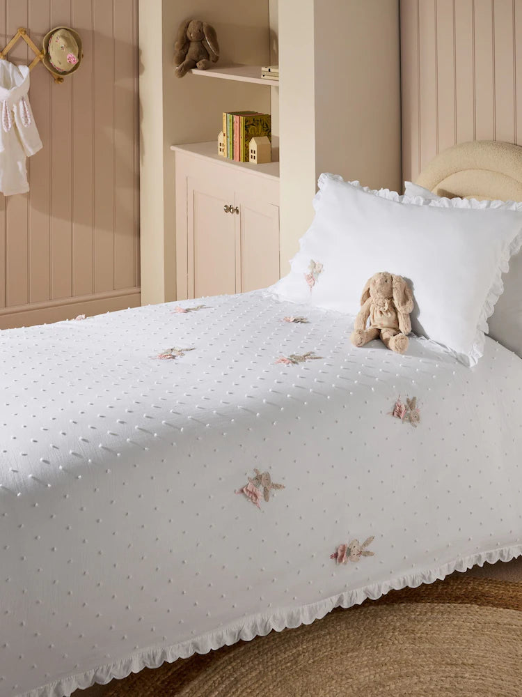 Next Uk White Embroidered Bunny Ballerinas 100% Cotton Duvet Cover and Pillowcase Set