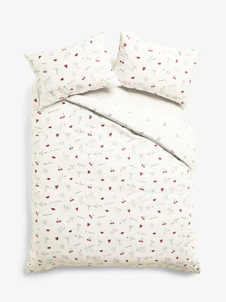 Next Uk Red/Black Heart Bows Reversible Duvet Cover and Pillowcase Set