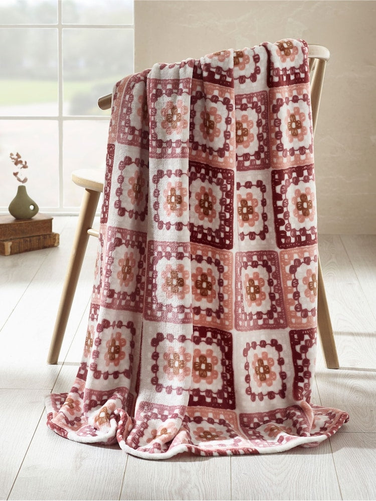 Catherine Lansfield Pink Crochet PRINT Blanket Throw (130x170cm)