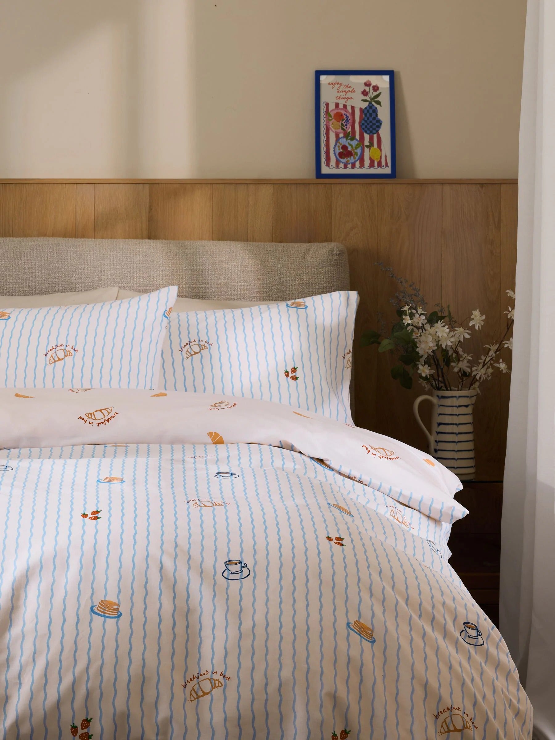 Next Uk Blue/Natural Breakfast In Bed Reversible Duvet Cover and Pillowcase Set