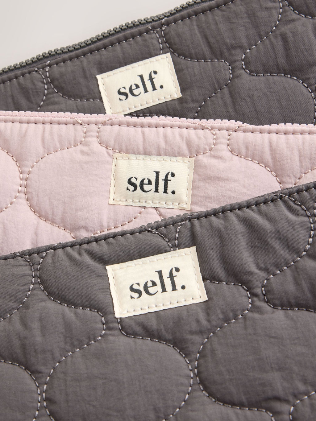 Preorder self. Grey/Baby Pink Quilted Travel Pouch 3 Pack
