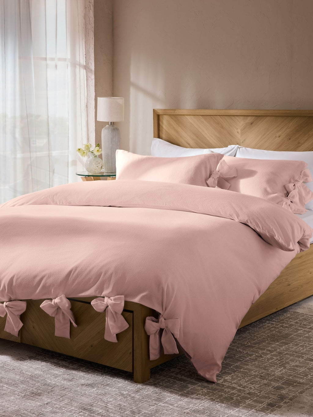 Next Uk Light Pink Supersoft 100% Brushed Cotton Duvet Cover Bow Tie Edge
