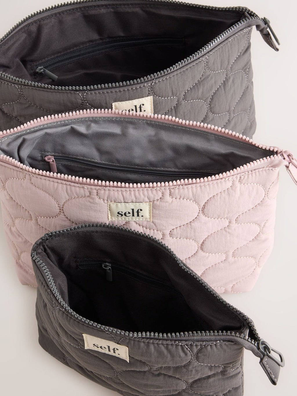 Preorder self. Grey/Baby Pink Quilted Travel Pouch 3 Pack