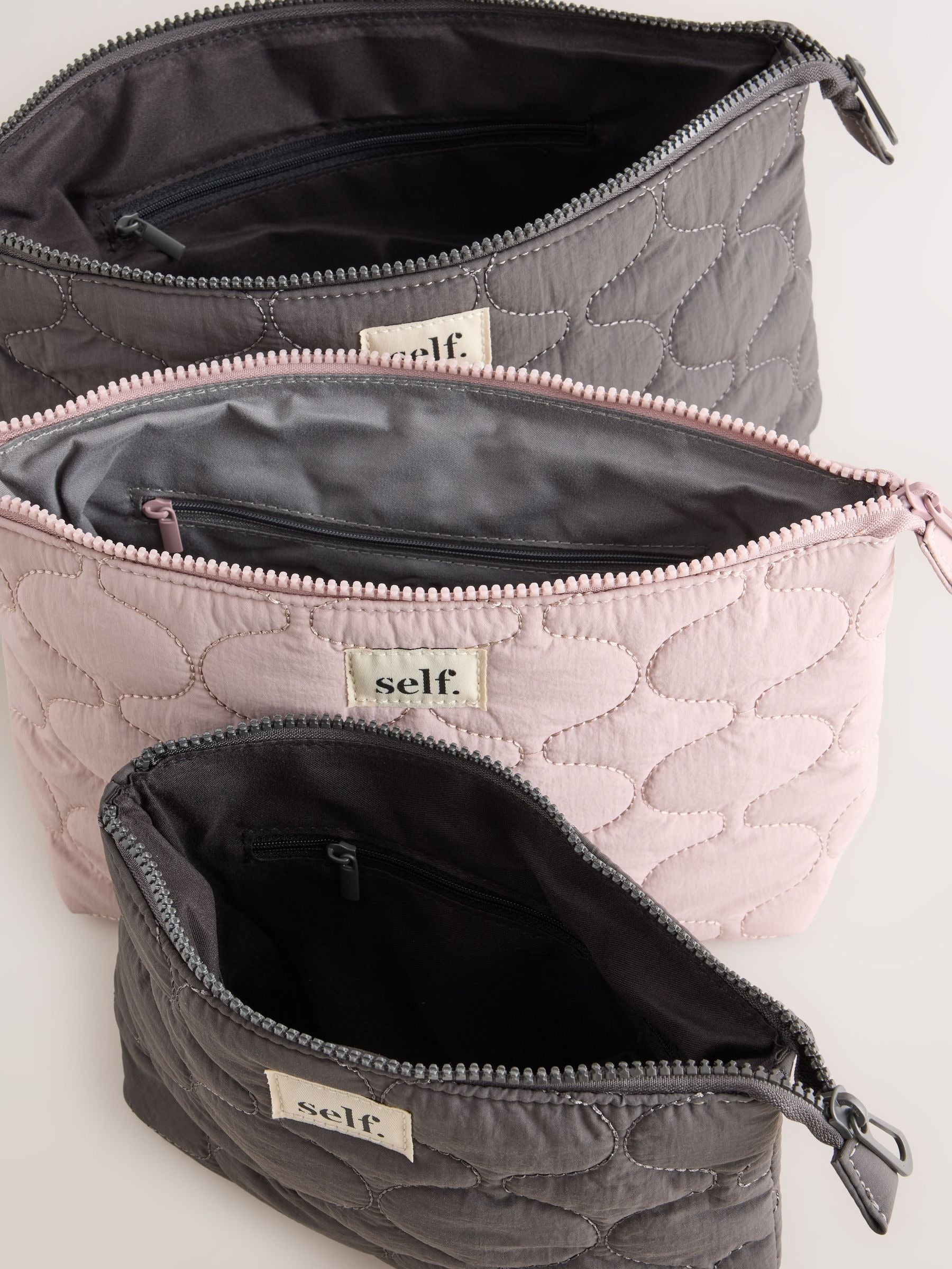 Preorder self. Grey/Baby Pink Quilted Travel Pouch 3 Pack