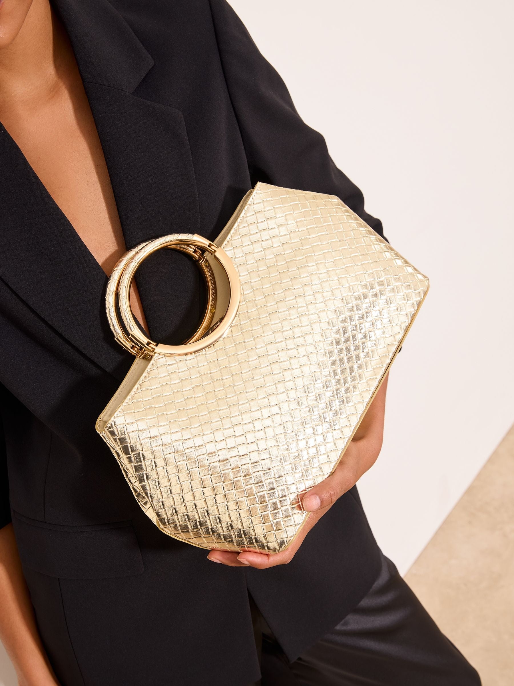 Preorder Lipsy Gold Weave Top Handle Tote Bag