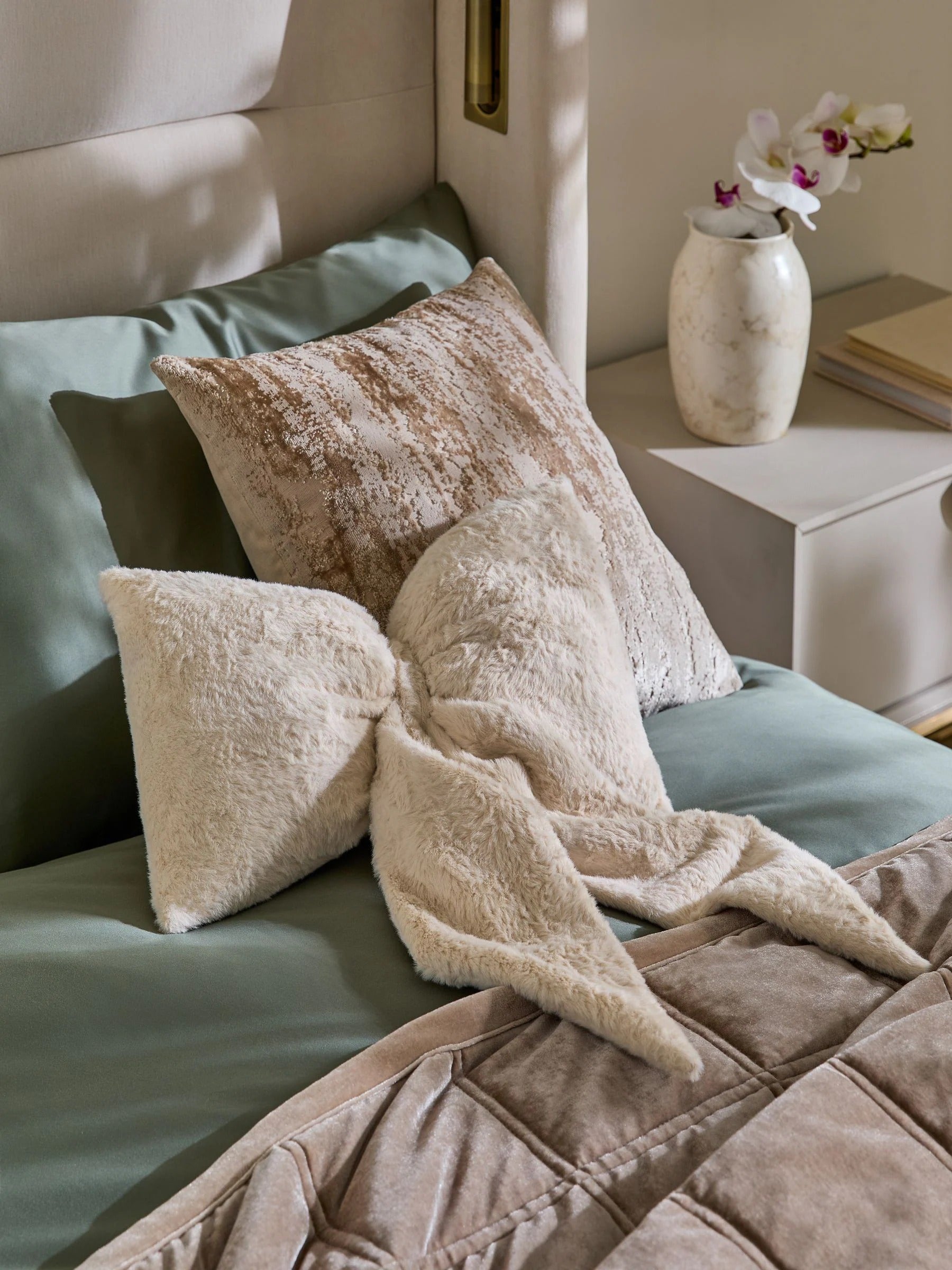 Natural 3D Faux Fur Bow Cushion Height 30cm  Width 40cm  Depth 10cm