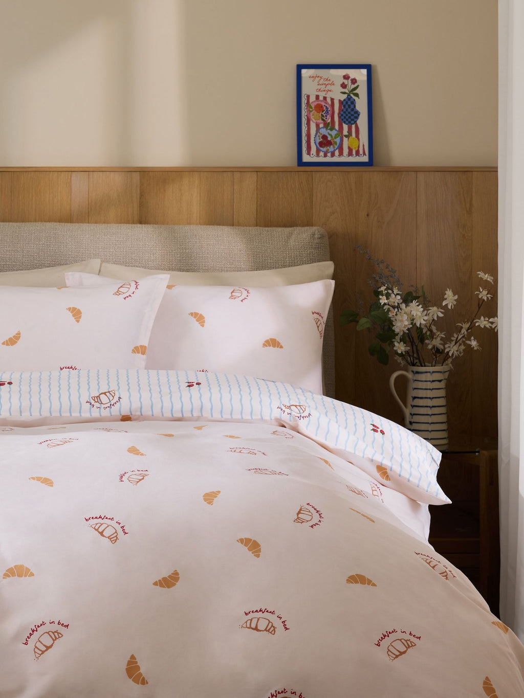 Next Uk Blue/Natural Breakfast In Bed Reversible Duvet Cover and Pillowcase Set