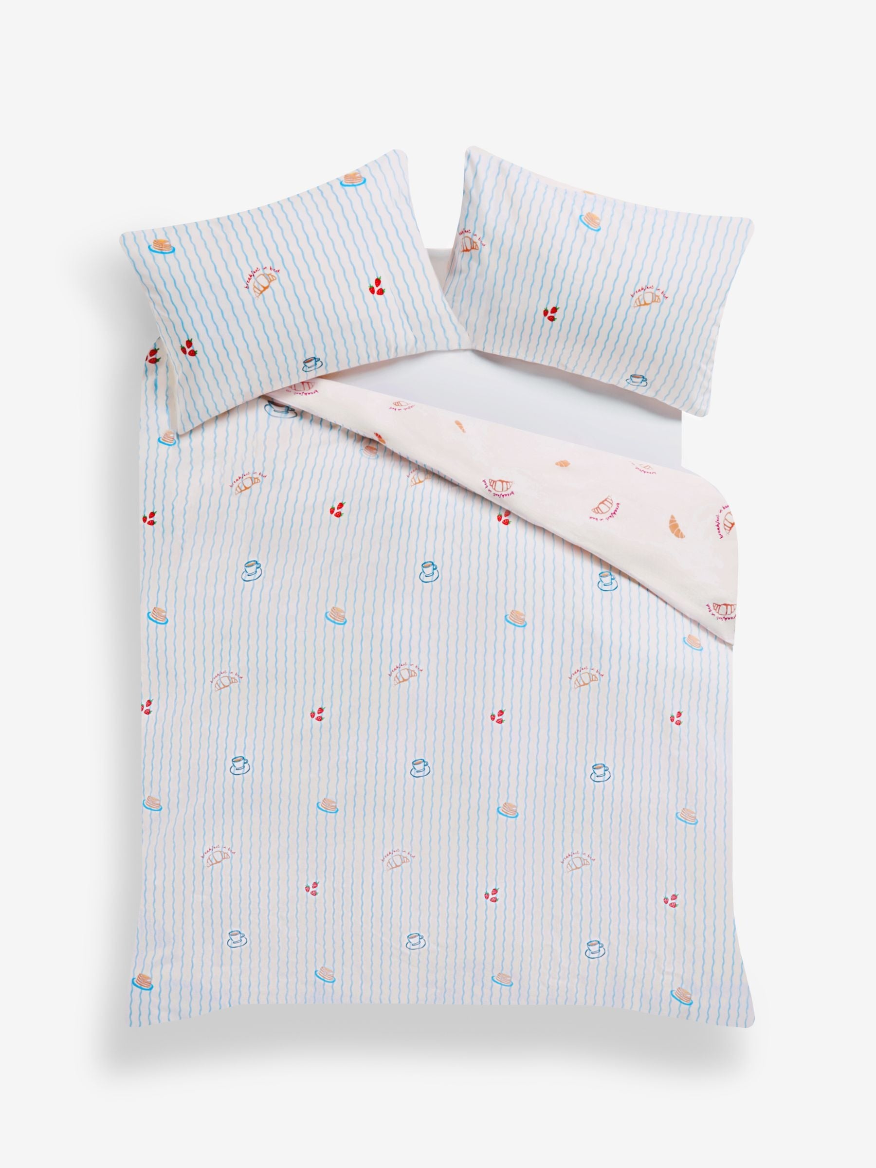 Next Uk Blue/Natural Breakfast In Bed Reversible Duvet Cover and Pillowcase Set